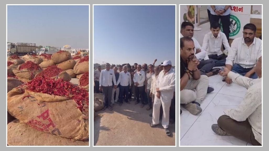 ગોંડલ યાર્ડમાં મરચાની હરાજી અટકી: કંતાનના વજન કાપ સામે ખેડૂતોનું ધરણું