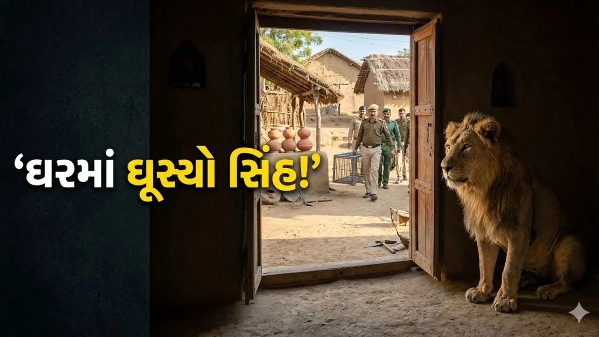 અમરેલીના ખાંભામાં સિંહ ઘરમાં ઘૂસ્યો, કલાકો સુધી ઓરડામાં બેસી રહ્યો