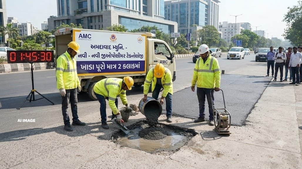 અમદાવાદમાં ખાડા પૂરવા નવી ટેક્નોલોજી: 2 કલાકમાં રસ્તો વાહનવ્યવહાર માટે તૈયાર