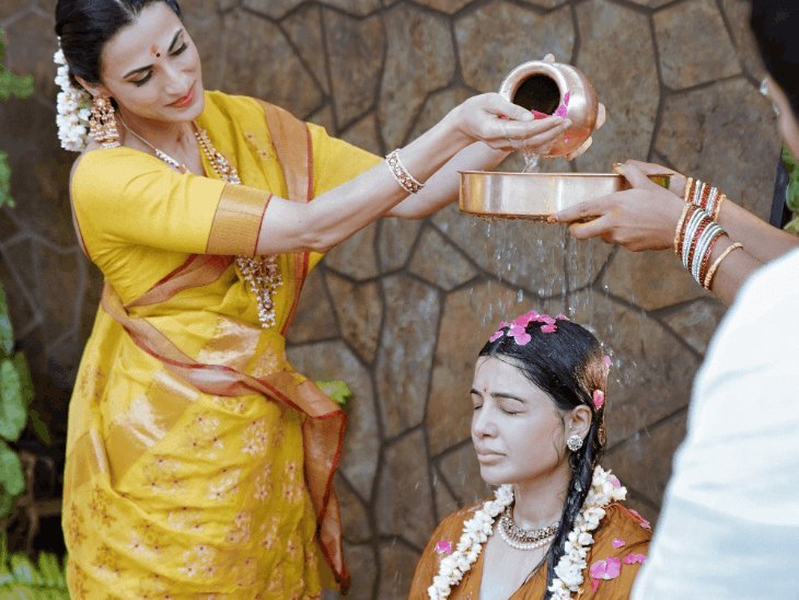 સામંથા રૂથ પ્રભુની પરંપરાગત સીમંતમ સેરેમની: શ્રીવિદ્યા પરંપરા અનુસાર વૈદિક મંત્રો સાથે પૂજન, પતિ રાજ નિદિમોરુ સાથે વિધિ નિભાવી