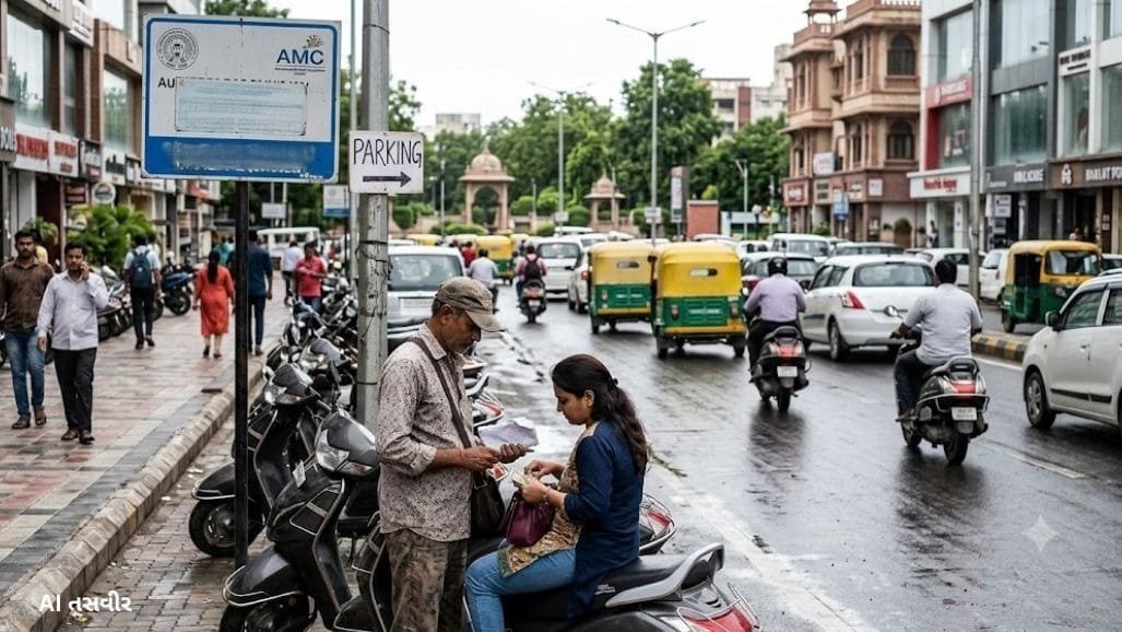 AMC હેપ્પી સ્ટ્રીટમાં ગેરકાયદેસર શેડ અને પાર્કિંગ ચાર્જ: 8 મહિનાથી ચાલતી છે ઉઘરાણી