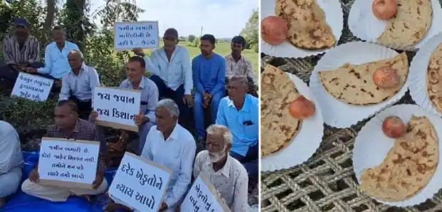 જેતપુરમાં GETCO વીજ લાઇન સામે ખેડૂતોનો અનોખો વિરોધ: ડુંગળી-રોટલો ખાઈને ધરણાં