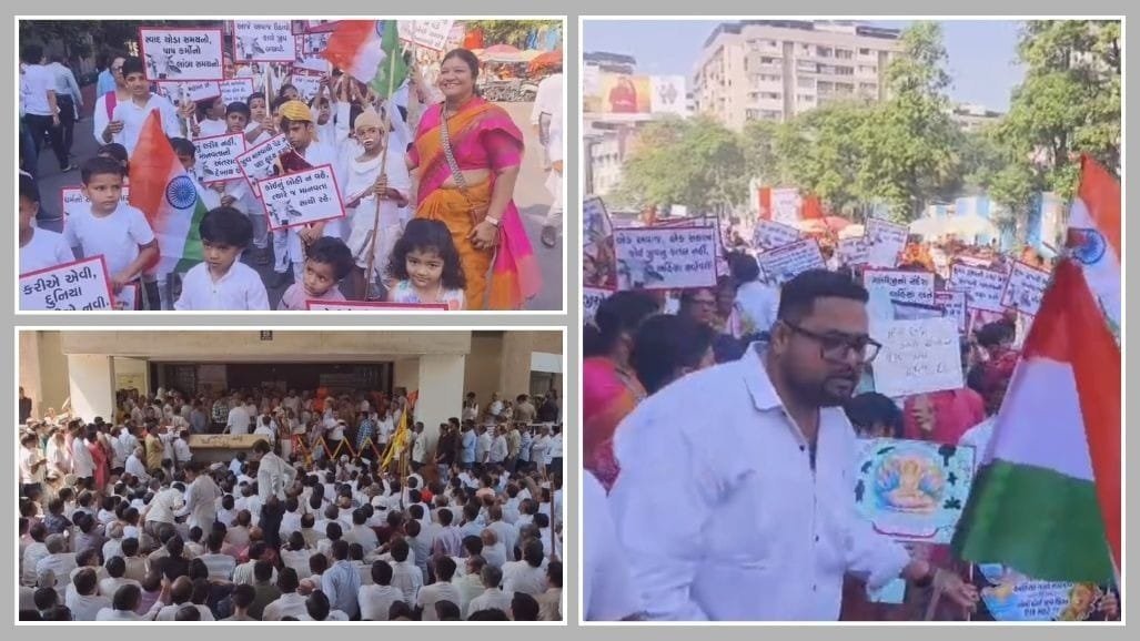 ગાંધી જયંતી પર સુરતમાં 5,000થી વધુ લોકોની 'અહિંસા માર્ચ', ગેરકાયદે કતલખાના બંધ કરવાની માંગ