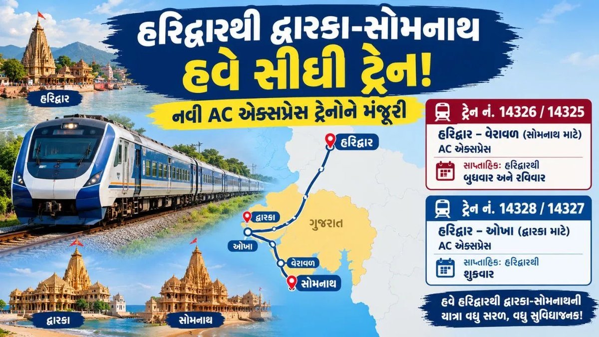 દ્વારકા-સોમનાથ અને હરિદ્વાર વચ્ચે હવે સીધી ટ્રેન સેવા, રેલવે મંત્રાલયે 3 ટ્રેનોને મંજૂરી આપી